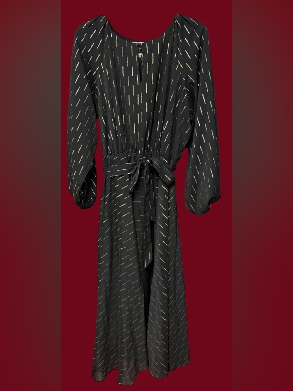 Tahari women’s size 14 midi dress a-line black metallic gold peephole $148 new